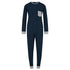 Navy blue onesie with gray trim on a white background