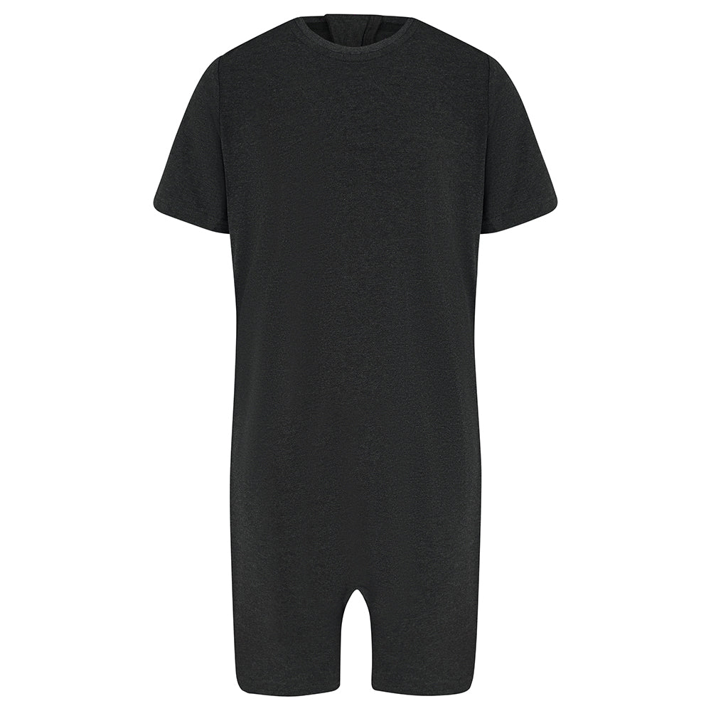 the back of A black short-sleeve romper with a crew neck and leg openings, shown against a plain white background.