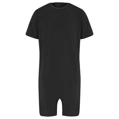 the back of A black short-sleeve romper with a crew neck and leg openings, shown against a plain white background.