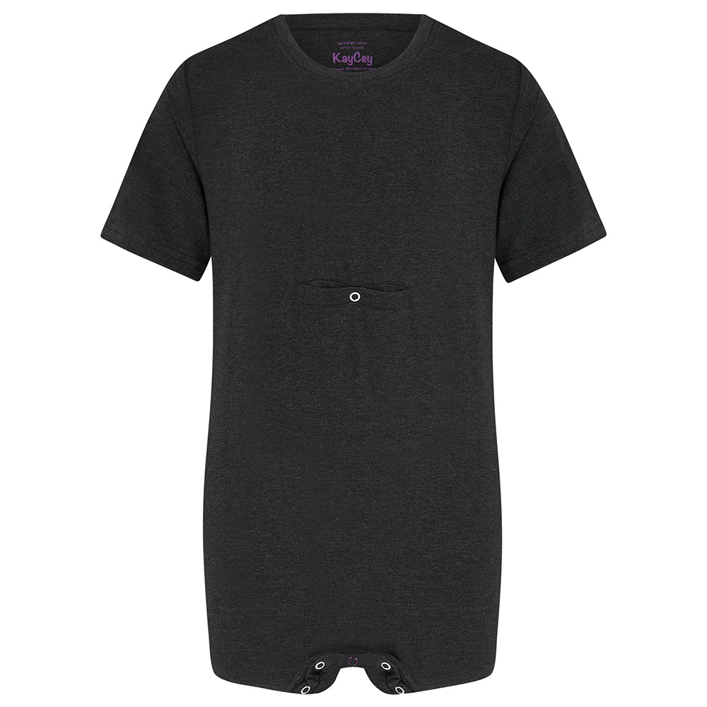 A dark charcoal gray short-sleeve jumpsuit with a chest pocket for tueb feeding and bottom snap closures, shown against a plain white background.