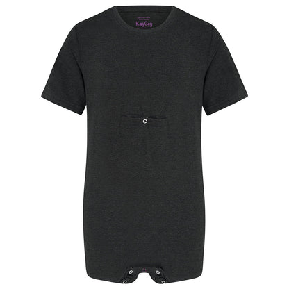 A dark charcoal gray short-sleeve jumpsuit with a chest pocket for tueb feeding and bottom snap closures, shown against a plain white background.