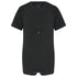 A dark charcoal gray short-sleeve jumpsuit with a chest pocket for tueb feeding and bottom snap closures, shown against a plain white background.