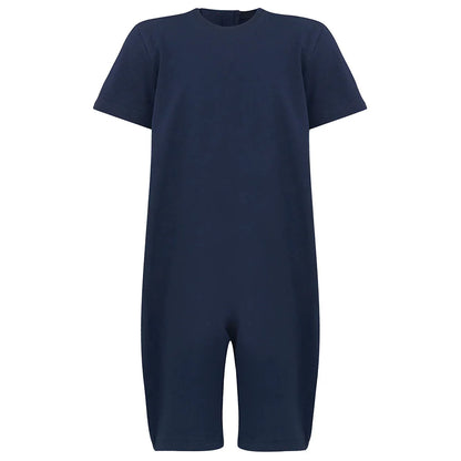 A navy blue short-sleeve one-piece with a crew neck, displayed on a clean white background.