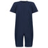 A navy blue short-sleeve one-piece with a crew neck, displayed on a clean white background.