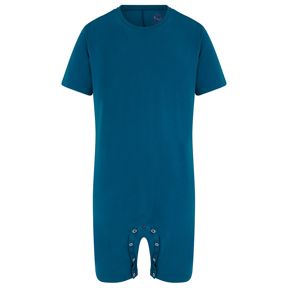 A solid teal blue lshort-sleeve footless one-piece with snap closures at the crotch, shown against a plain white background.