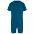A solid teal blue lshort-sleeve footless one-piece with snap closures at the crotch, shown against a plain white background.
