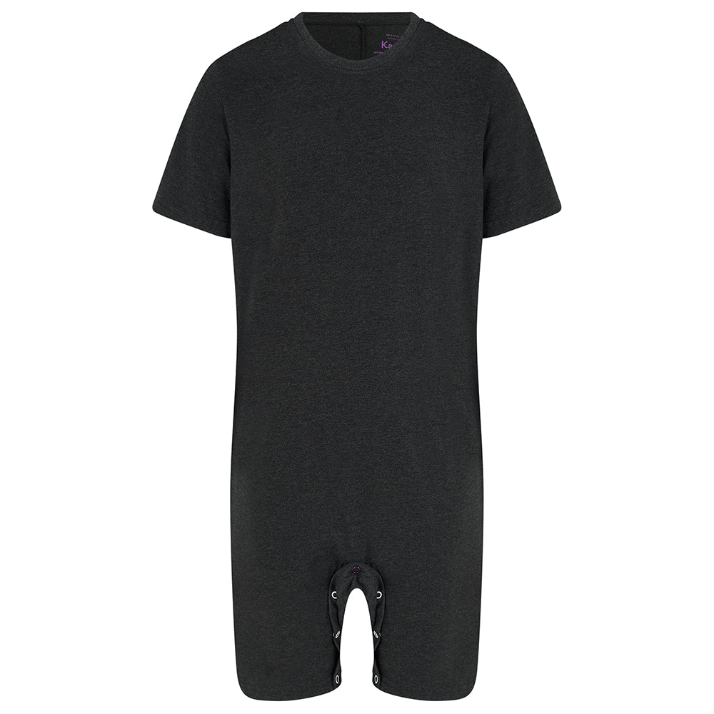 A dark charcoal gray short-sleeve with a crew neck and leg openings secured by metal snap buttons, shown against a plain white background.