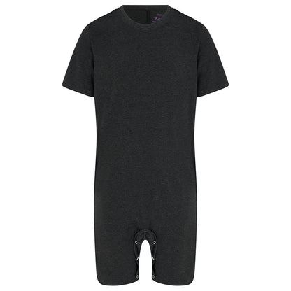 A dark charcoal gray short-sleeve with a crew neck and leg openings secured by metal snap buttons, shown against a plain white background.