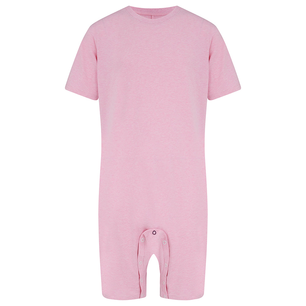 A light pink short-sleeve jumpsuit with an open crotch and snap closures at the bottom, shown against a plain white background.