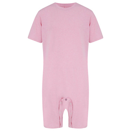 A light pink short-sleeve jumpsuit with an open crotch and snap closures at the bottom, shown against a plain white background.