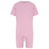 A light pink short-sleeve jumpsuit with an open crotch and snap closures at the bottom, shown against a plain white background.