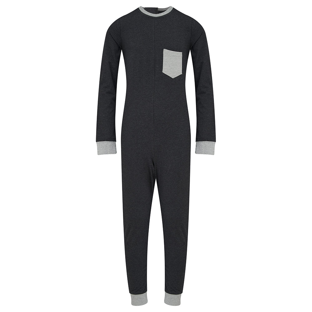 Navy blue onesie with gray trim on a white background