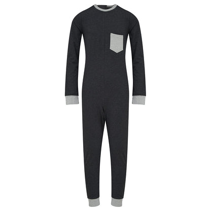 Navy blue onesie with gray trim on a white background