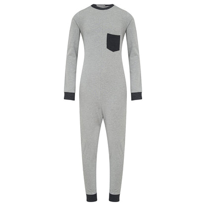A light gray long-sleeve one-piece pajama with a dark gray chest pocket and dark gray ribbed cuffs and hem, shown on a plain white background.