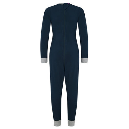 Navy blue onesie with gray cuffs and hem on a white background