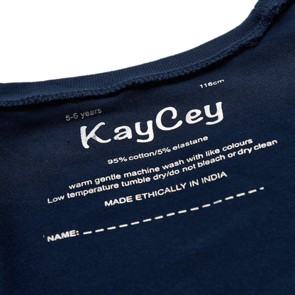  blue fabric with white text displaying &