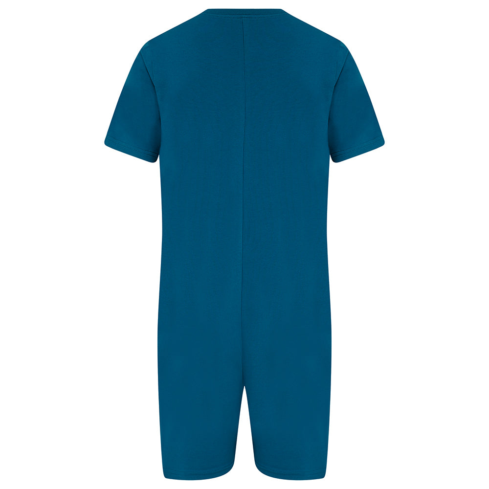A short-sleeve one-piece jumpsuit in a solid teal blue color, shown from the back against a plain white background.