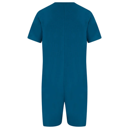 A short-sleeve one-piece jumpsuit in a solid teal blue color, shown from the back against a plain white background.
