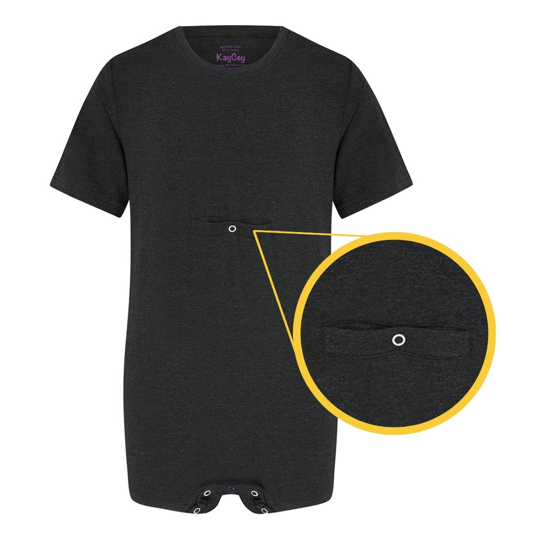 kaycey Jumpsuit  with a close-up of a  feeding tube access pocket 