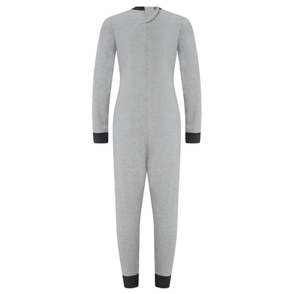Gray onesie with black cuffs and hem on a white background