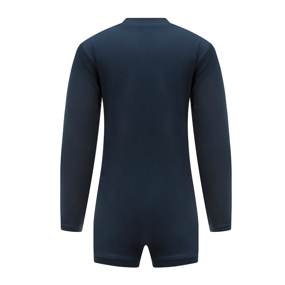 A dark navy blue long-sleeve one-piece garment shown from the back, displayed on a clean white background.