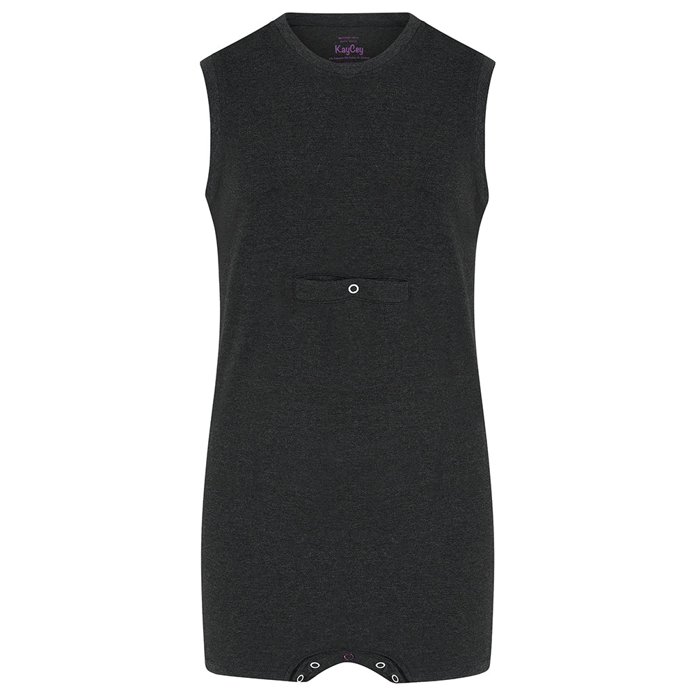 A dark charcoal sleeveless with a small chest pocket and snap button closure, shown against a plain white background.