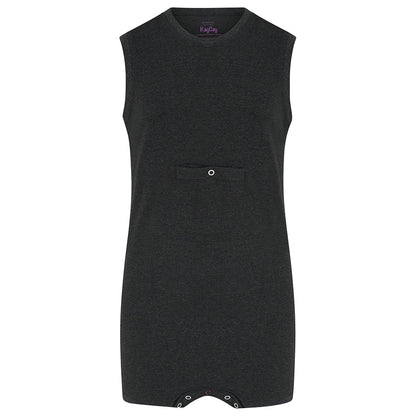 A dark charcoal sleeveless with a small chest pocket and snap button closure, shown against a plain white background.