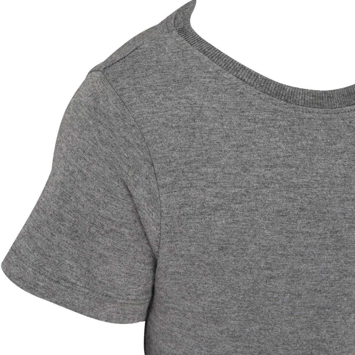 Close up of the grey neckline and arm on  awhite backround 