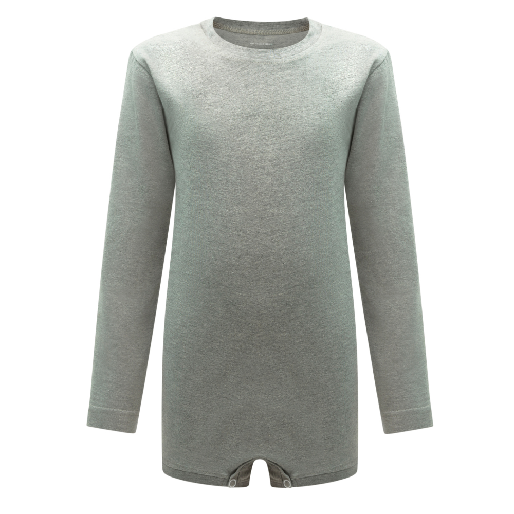 A light gray long-sleevewith a crew neck and poppers in the inner crotch  shown on a plain white background.