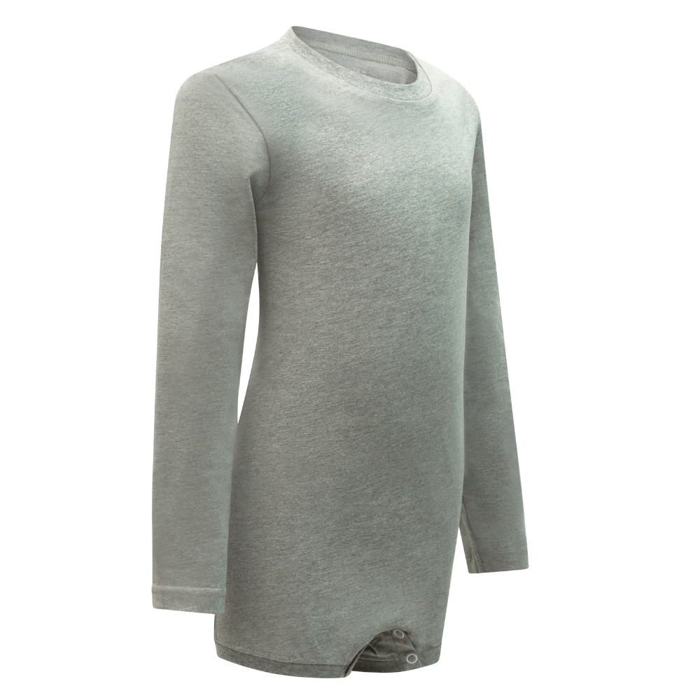 A light gray long-sleeve ba a crew neck and snap closures at the bottom, shown on a plain white background.