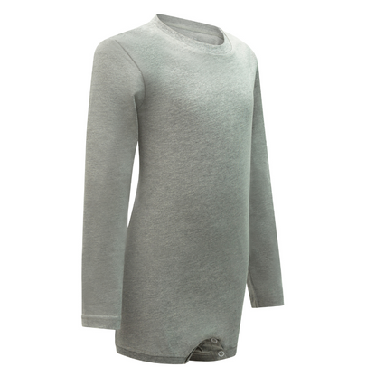 A light gray long-sleeve ba a crew neck and snap closures at the bottom, shown on a plain white background.
