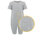 A light gray short-sleevewith a small front pocket, shown on a white background with a circular zoom-in detail of the pocket. Pocket is for tube feeding acsess. 