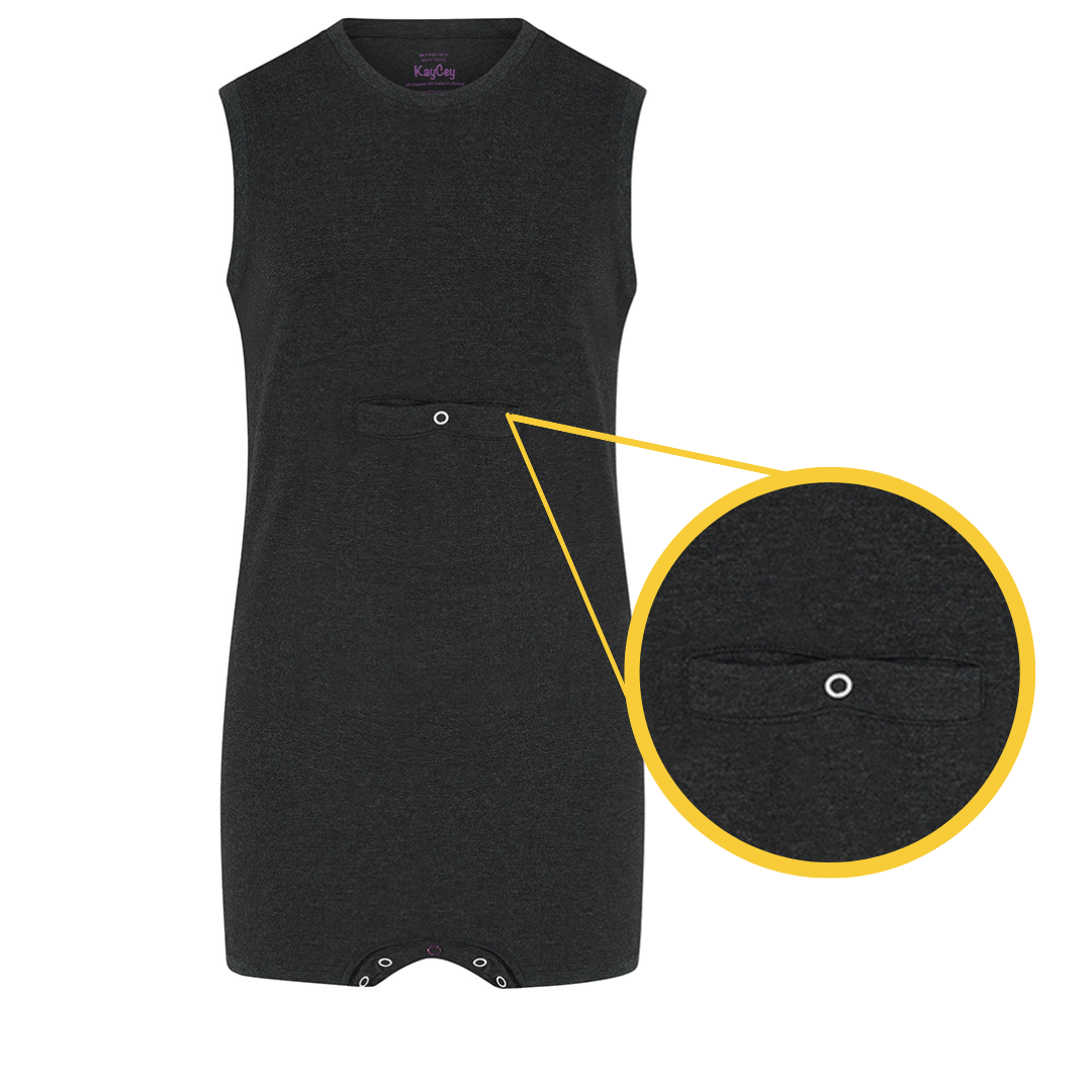 Black sleeveless with a pocket detail for peg feeding on a white background