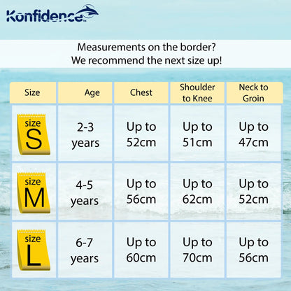 Size guide for the Konfidence Kids Warma e-Flex Warm UV Swimsuit
