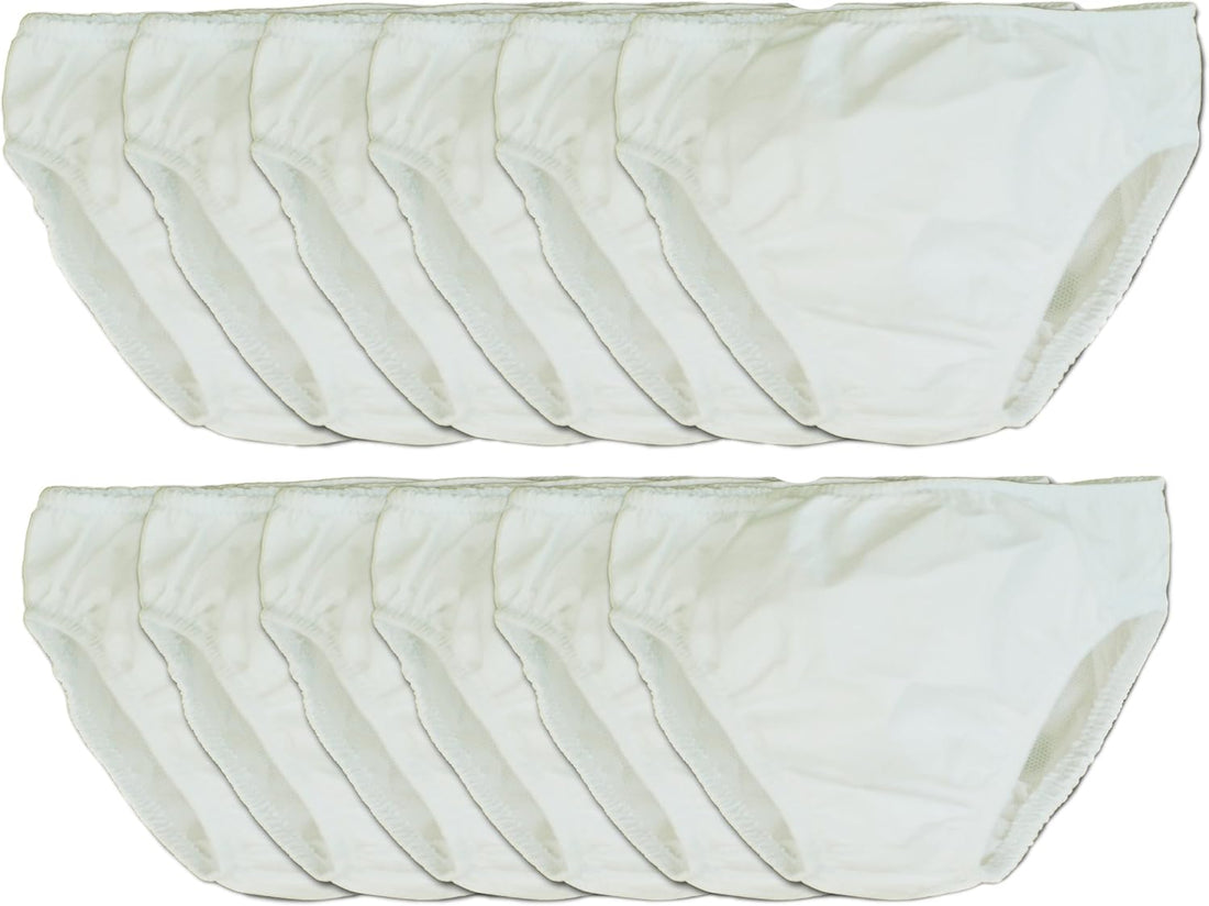 Pack of 12 UP360 disposable youth swim briefs in white, shown arranged in two rows