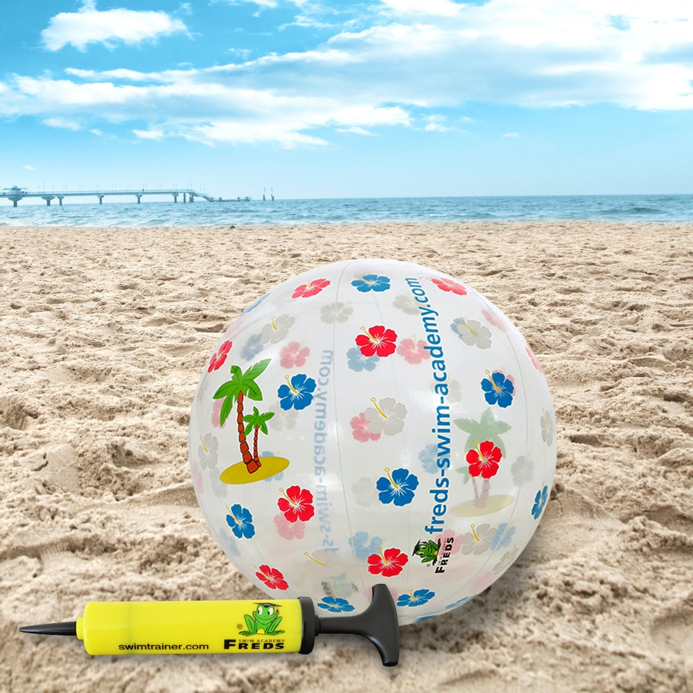 FREDS hand pump beside a colourful beach ball for inflating pool toys and swim accessories