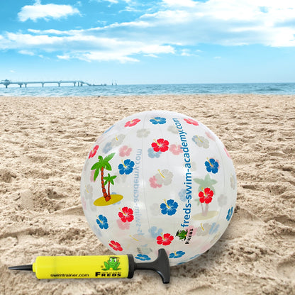 FREDS hand pump beside a colourful beach ball for inflating pool toys and swim accessories