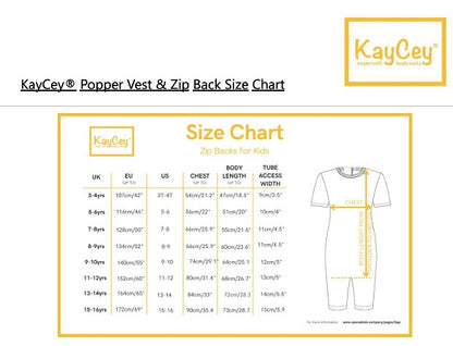KayCey kids zip back jumpsuit size guide showing UK, EU, US, chest and body length measurements