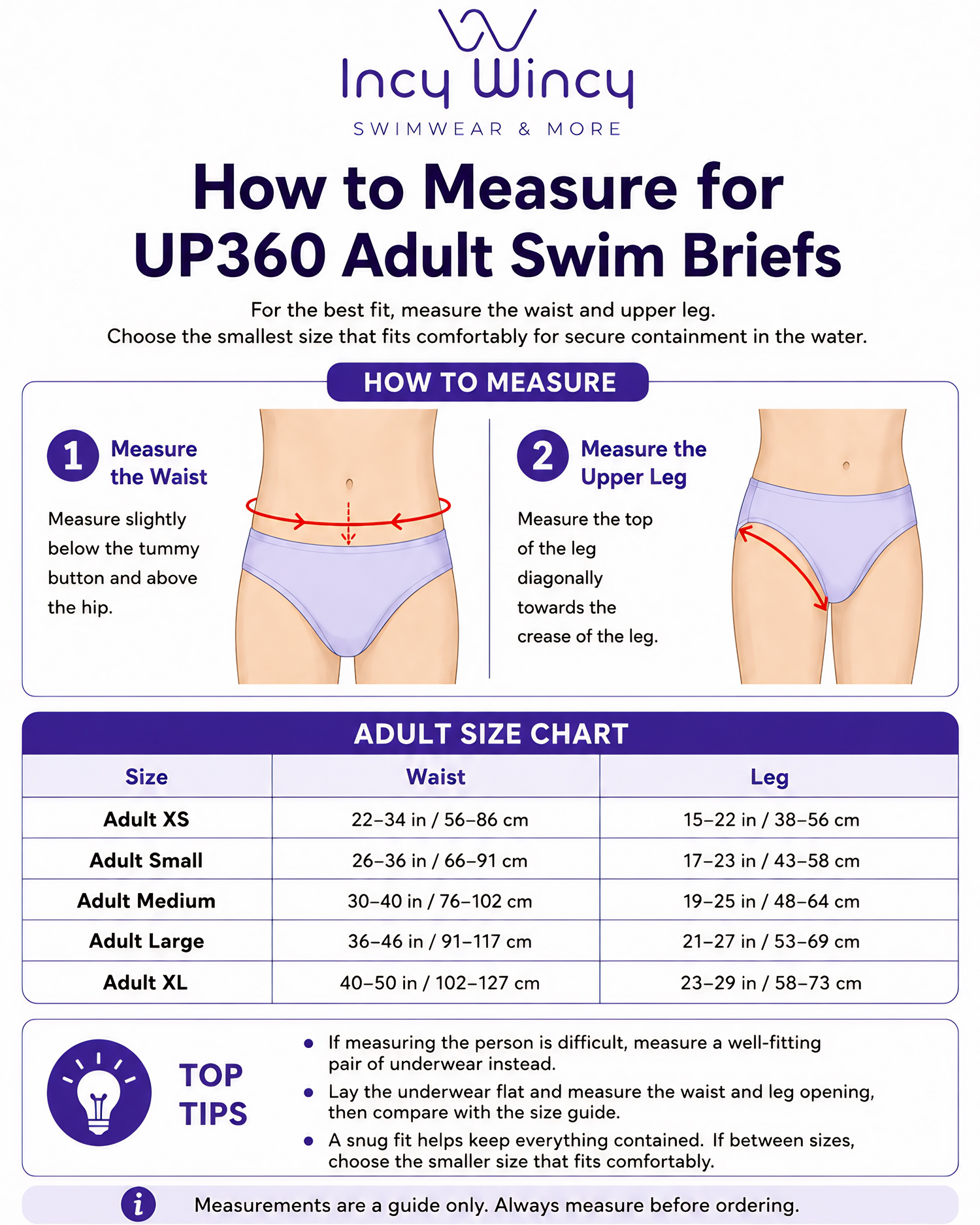Measurement guide for Incy Wincy UP360 Adult Swim Briefs with size chart.