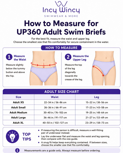 Measurement guide for Incy Wincy UP360 Adult Swim Briefs with size chart.