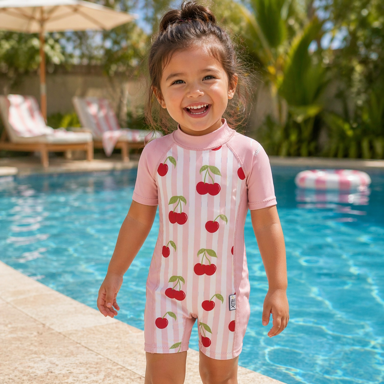 child wearing the Konfidence Kids Warma e-Flex Warm UV Swimsuit in Very Cherry by a swimming pool