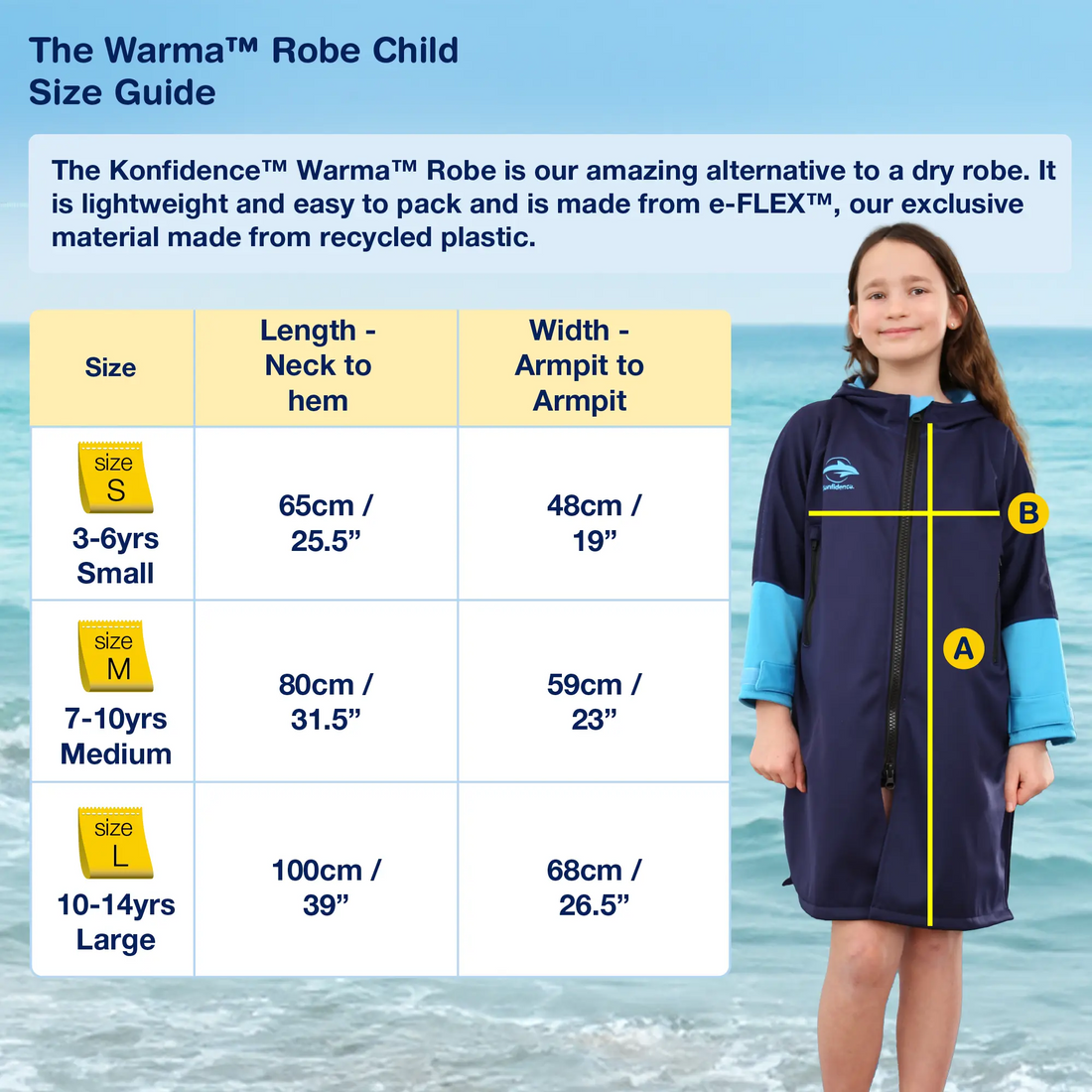 Warma Robe Child Size Guide with a child wearing the robe by the ocean.
