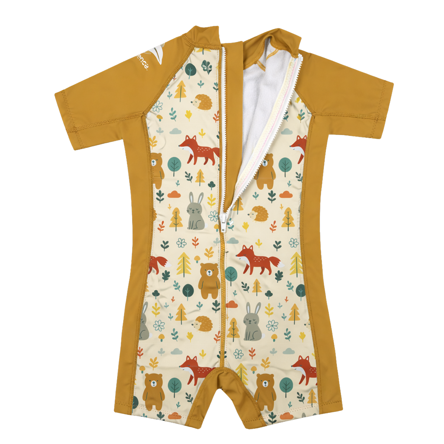 Back view of the Konfidence Kids Warma e-Flex Warm UV Swimsuit in Woodland Gold showing the zip fastening