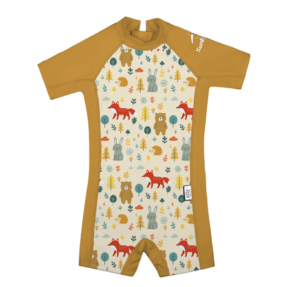 Full view of the Konfidence Kids Warma e-Flex Warm UV Swimsuit in Woodland Gold