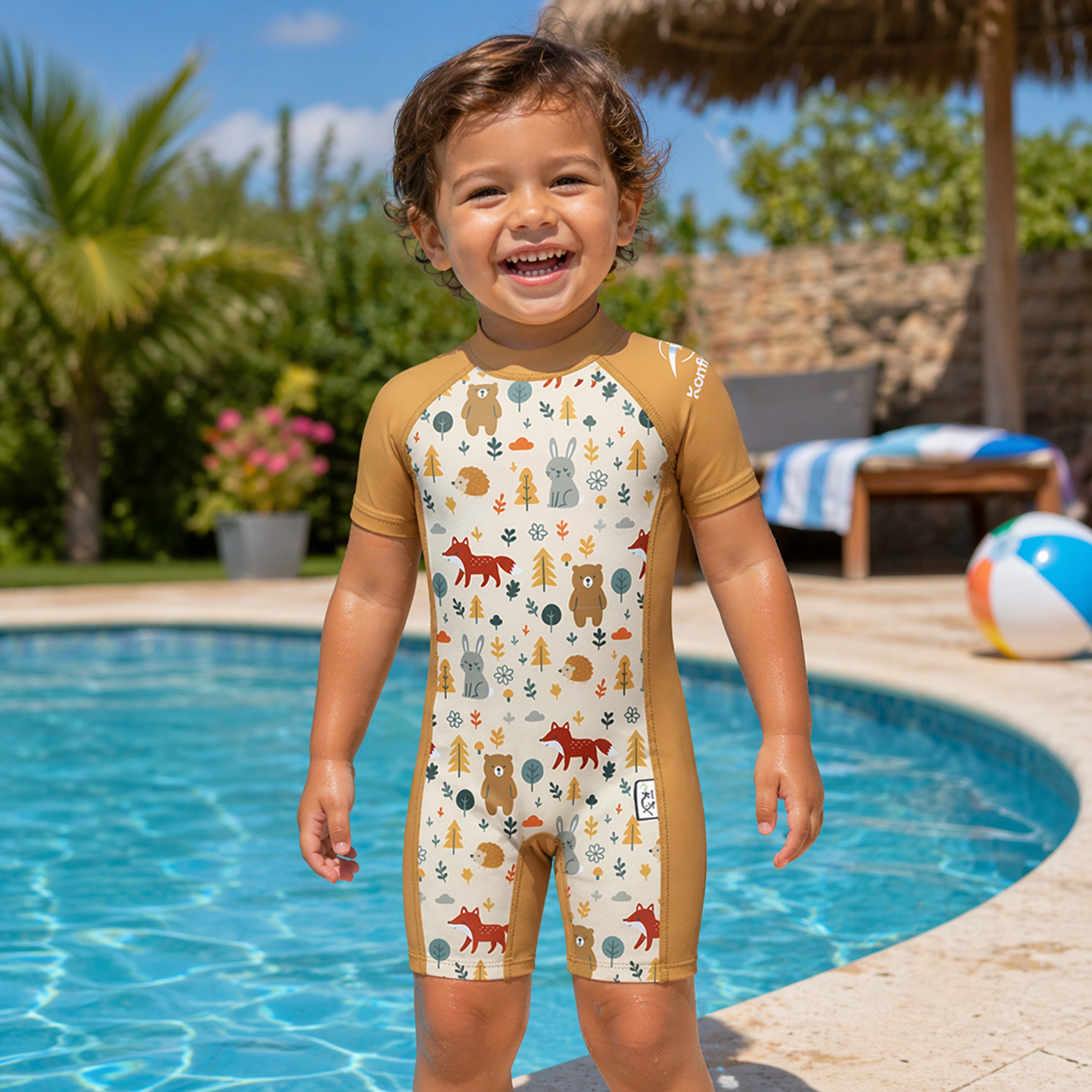 Child wearing the Konfidence Kids Warma e-Flex Warm UV Swimsuit in Woodland Gold by a swimming pool