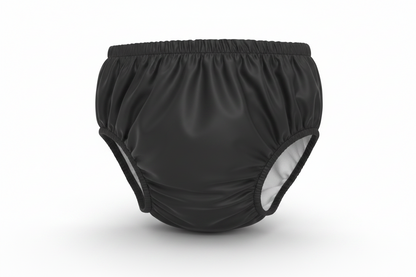 Black diaper cover with a white inner lining, shown flat against a white background.