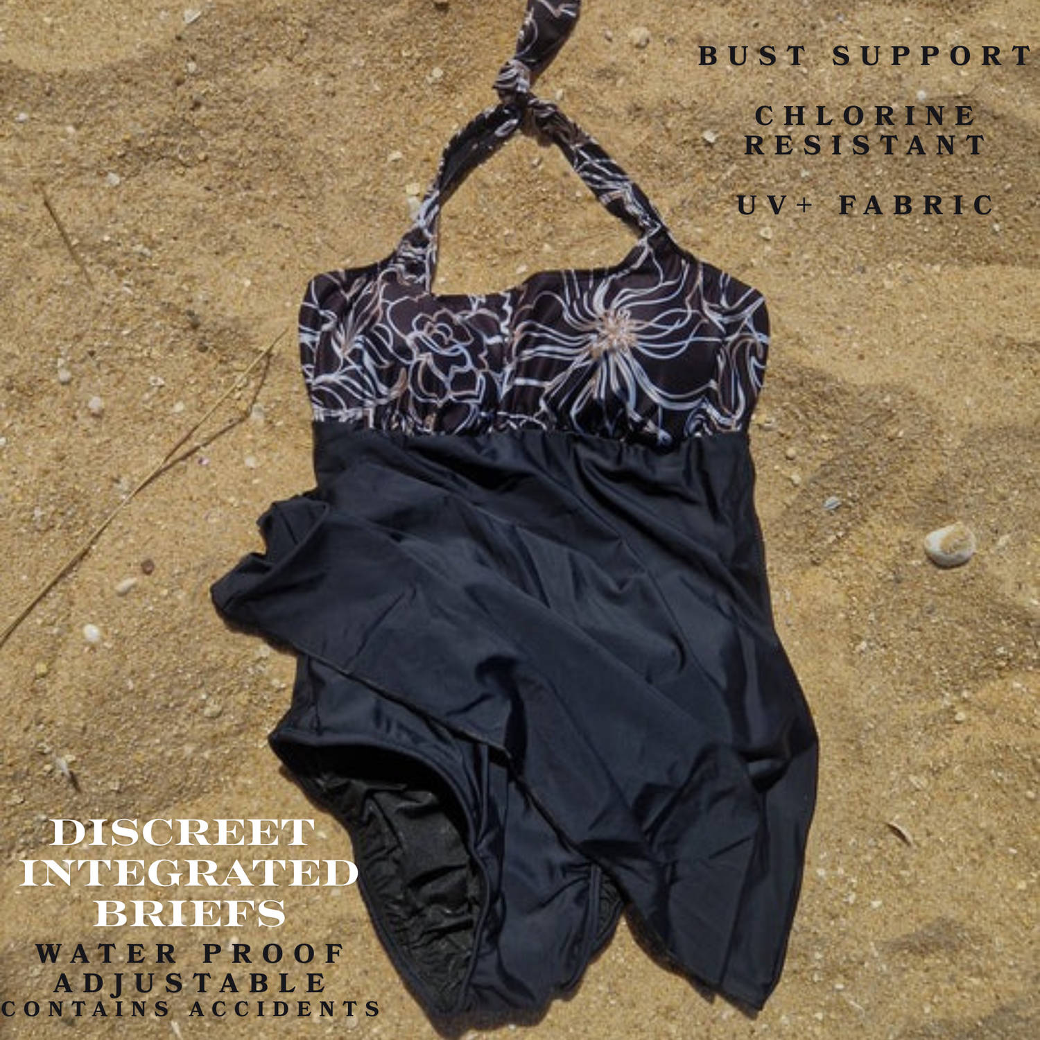 ladies incontinence swimsuit with integrated swim pants for containment