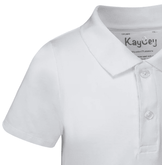 Close-up of a white short-sleeve polo shirt with a collar and button placket, showing the Kaycey brand label inside the neck.