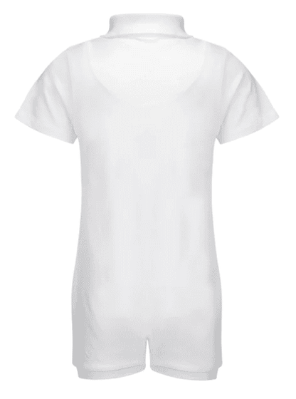 White short-sleevewith a  neck collar, shown from the back on a plain white background.