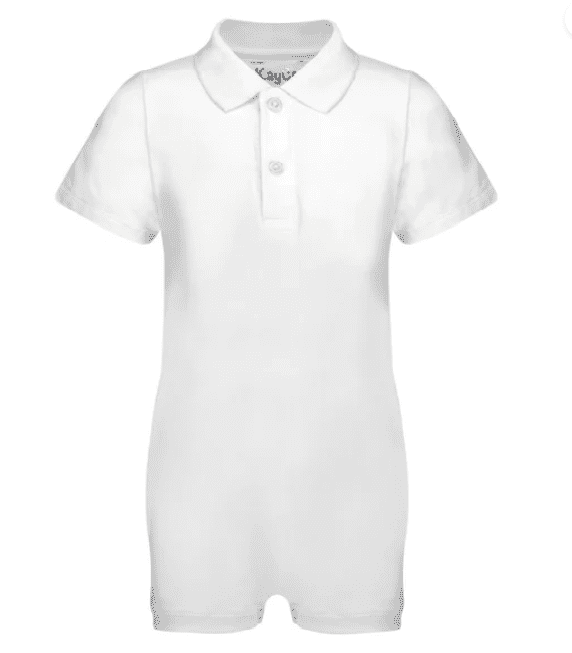 A white short-sleeve polo  with a three-button placket, displayed on a clean white background.Poppers in the inside crotch 